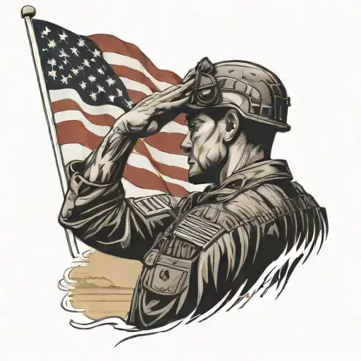 A powerful image of a lone soldier saluting against a backdrop of a setting sun and an American flag waving in the wind tattoo design idea