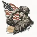 A powerful image of a lone soldier saluting against a backdrop of a setting sun and an American flag waving in the wind tattoo design idea