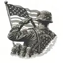 A powerful image of a lone soldier saluting against a backdrop of a setting sun and an American flag waving in the wind tattoo design idea