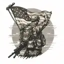 A powerful image of a lone soldier saluting against a backdrop of a setting sun and an American flag waving in the wind tattoo design idea