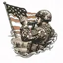 A powerful image of a lone soldier saluting against a backdrop of a setting sun and an American flag waving in the wind tattoo design idea