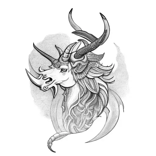 A black-grey tattoo design showcasing a mythical creature embodying the characteristics of both Capricorn and Taurus, with the names Mason and Silas subtly integrated. tattoo design idea