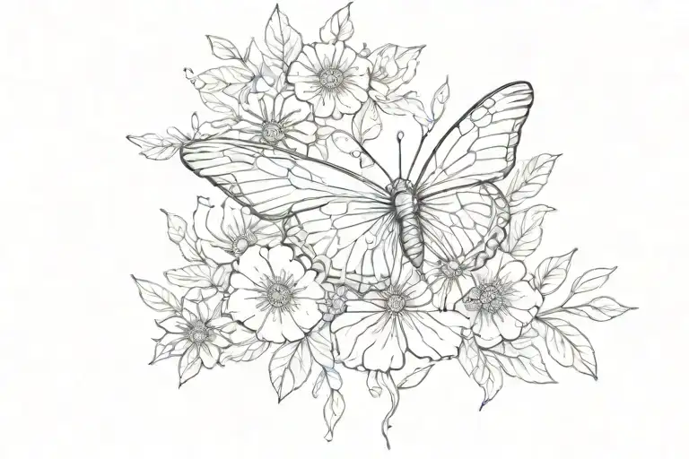 flowy line work of butterfly life cycle with flowers  tattoo design idea