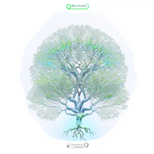 tree of life, formed by green branches on the trunk, light blue with rays on the leaves, and green roots with fluorescen tattoo design idea