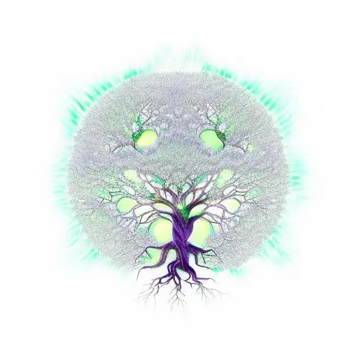 tree of life, formed by green branches on the trunk, light blue with rays on the leaves, and green roots with fluorescen tattoo design idea
