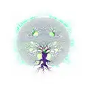 tree of life, formed by green branches on the trunk, light blue with rays on the leaves, and green roots with fluorescen tattoo design idea