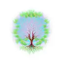 tree of life, formed by green branches on the trunk, light blue with rays on the leaves, and green roots with fluorescen tattoo design idea