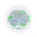 tree of life, formed by green branches on the trunk, light blue with rays on the leaves, and green roots with fluorescen tattoo design idea