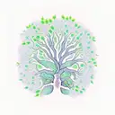 tree of life, formed by green branches on the trunk, light blue with rays on the leaves, and green roots with fluorescen tattoo design idea