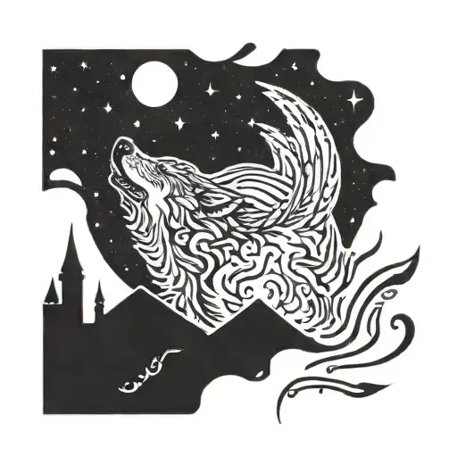 A wolf howling at a full moon with musical notes floating around it tattoo design idea