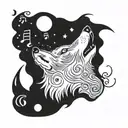 A wolf howling at a full moon with musical notes floating around it tattoo design idea