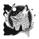 A wolf howling at a full moon with musical notes floating around it tattoo design idea