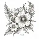 long wildflower sketch with script   tattoo design idea