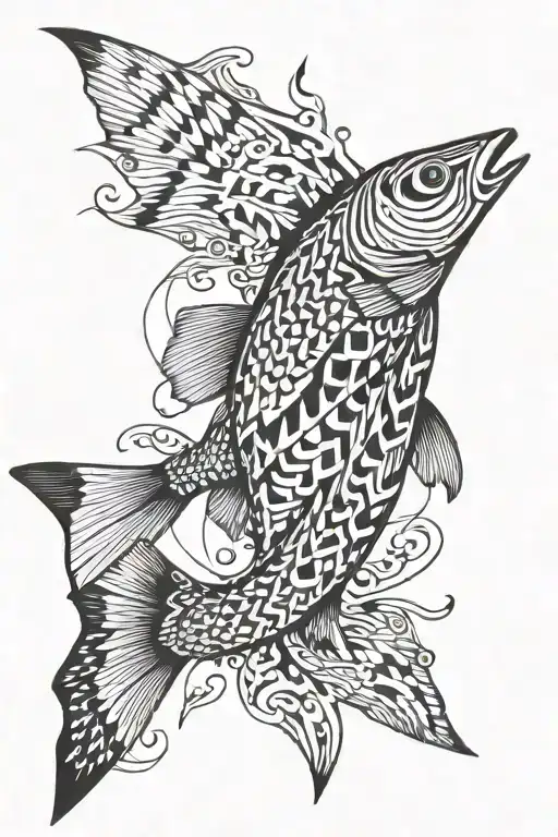 Abstract Pike fish, movement, geometric patterns in the background, black and white tattoo design idea