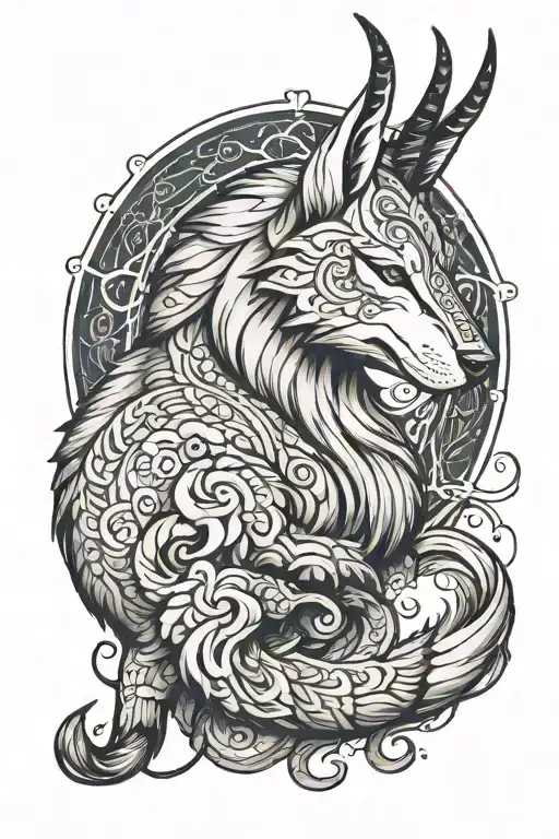 Capricorn zodiac sign with Husky siberian like with tail  tattoo design idea