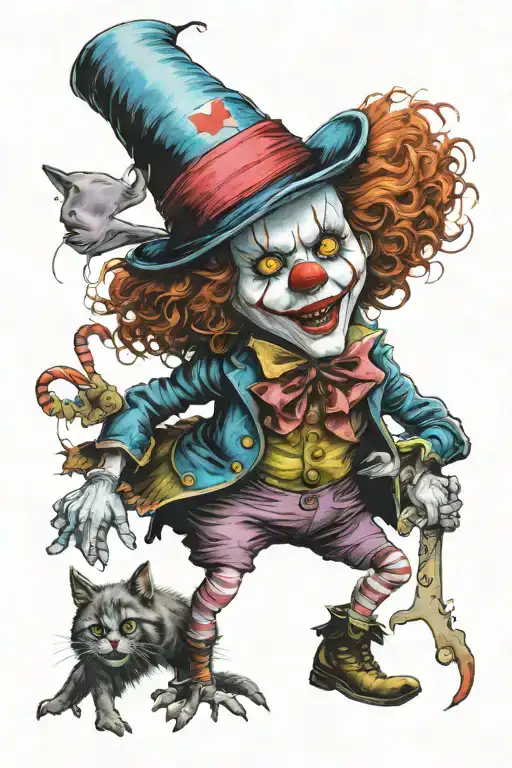 pennywise clown, Johnny depp as mad hatter, alice in wonderland with Cheshire cat colorful tattoo design idea
