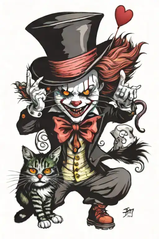 pennywise,  Johnny depp as mad hatter, alice in wonderland with Cheshire cat colorful tattoo design idea