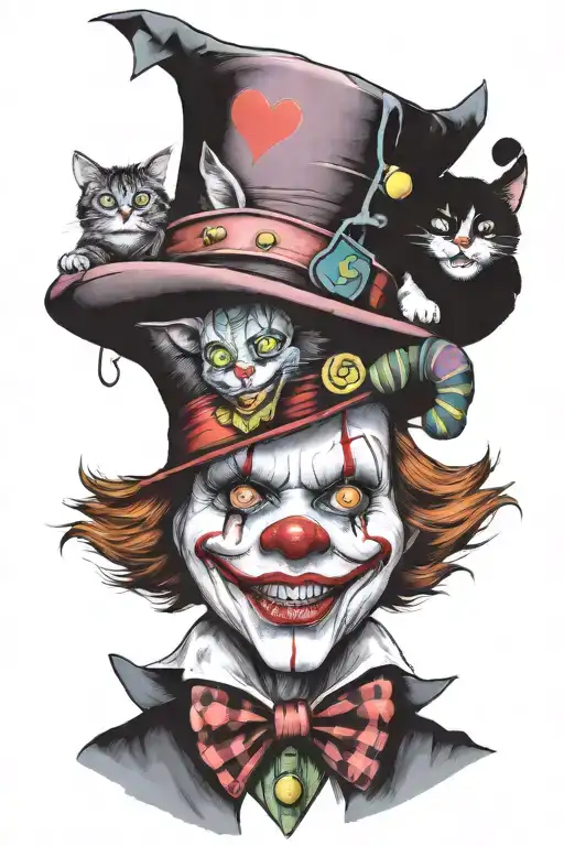 pennywise clown Johnny depp as mad hatter alice in wonderland with Cheshire cat tattoo design idea