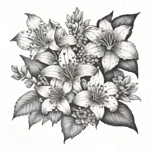 lily and hydrangea and chamomile flowers surrounded tattoo design idea