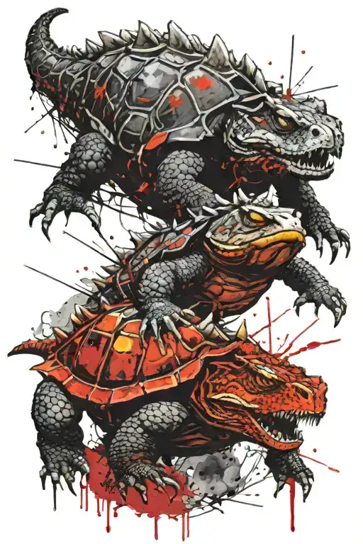 An Alligator snapping turtle above, an dragon on the left, tiger eyes on the l tattoo design idea