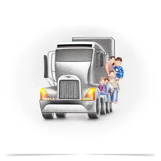 A realistic depiction of a truck driver's family inside the cab of a truck tattoo design idea