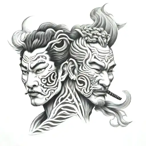 Japanese 3 face morphing tattoo design idea