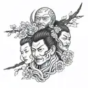 Japanese 3 faces merged together tattoo design idea