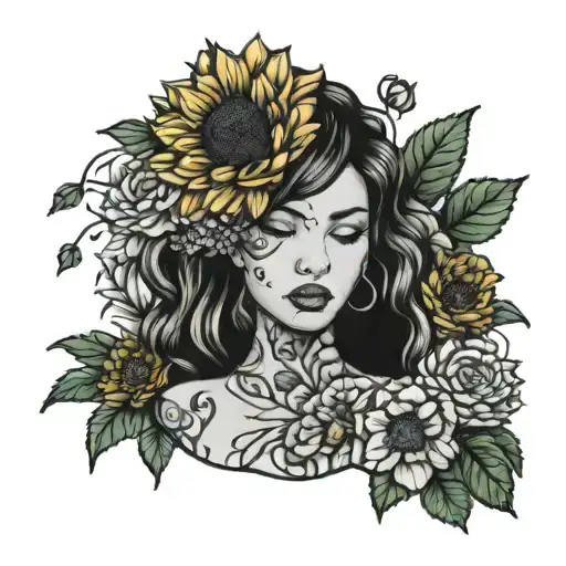 alicia, suicide, sunflowers, aquarius, chrysanthemums, carnations, mental health  tattoo design idea