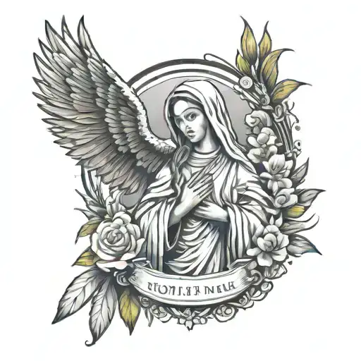 Mother mary, cross, plants, bible, eagle wing tattoo design idea