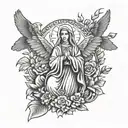 Mother mary, cross, plants, bible, eagle wing tattoo design idea