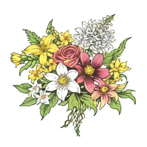 boquet with honey suckle, chrysanthemum, daffodil, aster, and cosmos flower tattoo design idea
