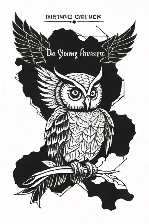 Tattoo of an owl with open wings, geometric shapes and the inscription "die young or live forever" tattoo design idea