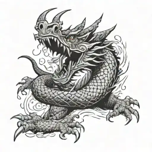  axes around the dragon, fire in its mouth, angry and big tattoo design idea
