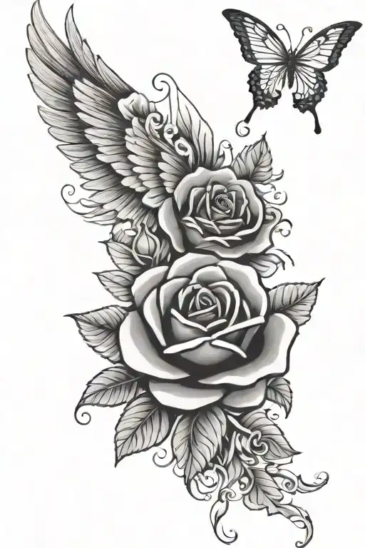 wing plus roses tattoo design idea