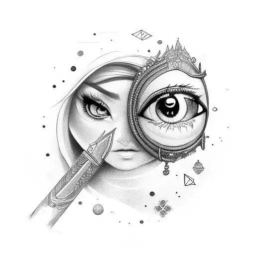 ojos de una mujer guapa junto a una espada tattoo design idea