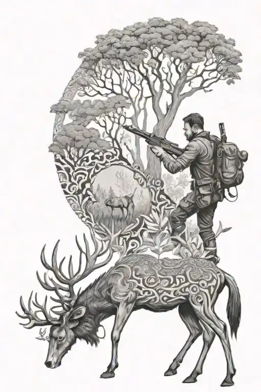 A forest scene with a hunter aiming at a deer, surrounded by intricate floral patterns tattoo design idea