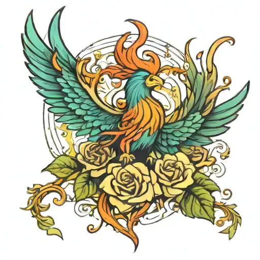 A rising phoenix surrounded by roses and vines tattoo design idea