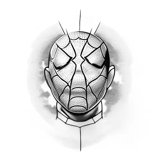 A dotwork tattoo of Tom Holland's face as Spiderman emerging from a coffee cup with Marvel movie symbols in the background tattoo design idea