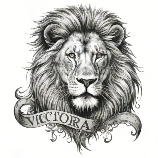 Lion with text 'Victoria et mors' and under text number 6 tattoo design idea