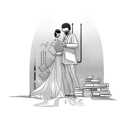 A library scene with Ryan Chetty and Maxine Chetty characters as book protagonists tattoo design idea