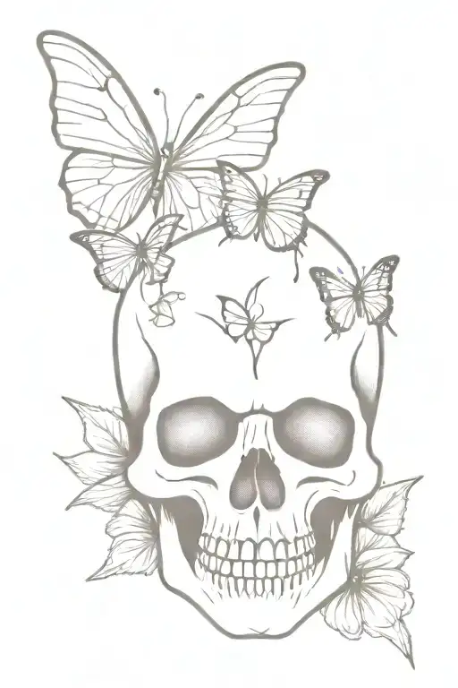 skull with butterfly razor blade cutting tattoo design idea