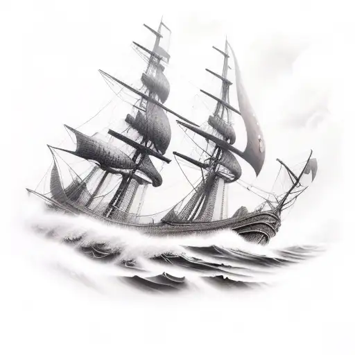 A realistic depiction of a wooden ship battling fierce waves and dark storm clouds tattoo design idea