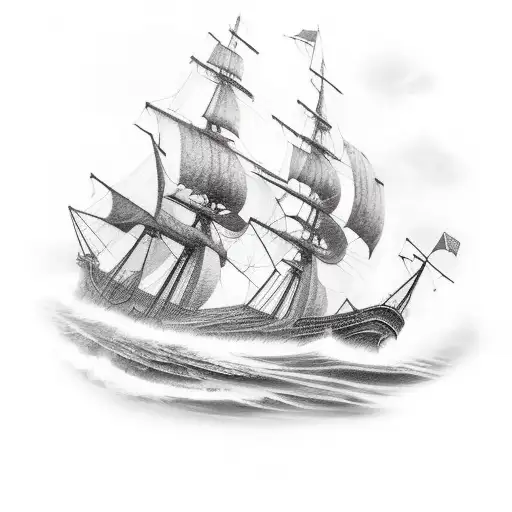 A realistic depiction of a wooden ship battling fierce waves and dark storm clouds tattoo design idea