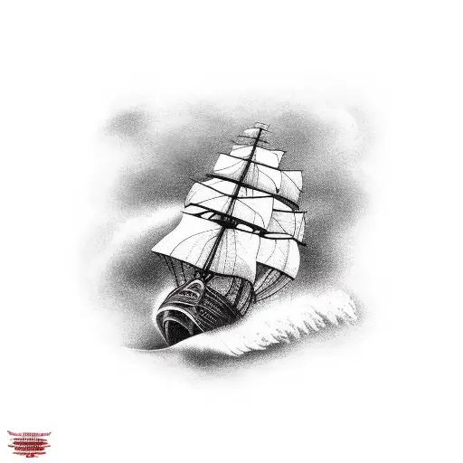 A realistic depiction of a wooden ship battling fierce waves and dark storm clouds tattoo design idea
