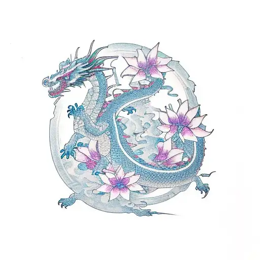 Dragon de viaje de chijiro con flores de loto y cerezos tattoo design idea