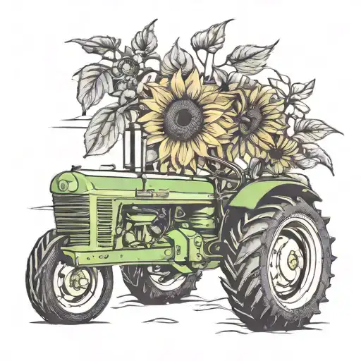 john deer tractor with carninal and sunflower blooming tattoo design idea