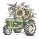 john deer tractor with carninal and sunflower blooming tattoo design idea