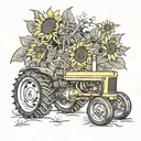 john deer tractor with carninal and sunflower blooming tattoo design idea