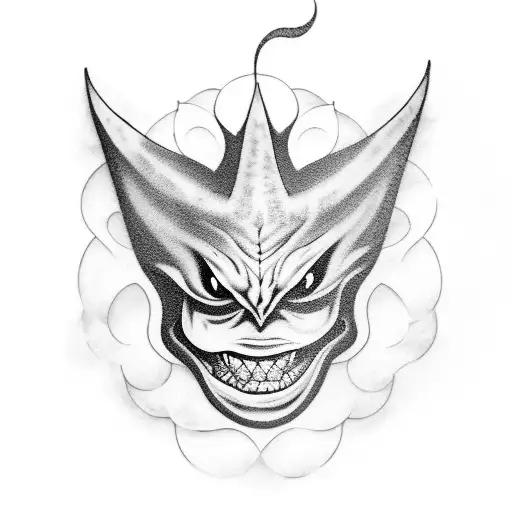 A realistic blackwork tattoo of Gengar surrounded by a swirling aura of ghostly energy tattoo design idea