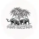 4 Elephants in an oasis with palm trees as the trunks  tattoo design idea